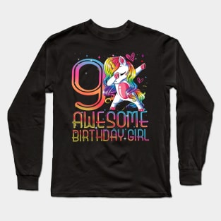 9th Birthday Girl 9 Years Old Awesome Unicorn Dabbing Bday Long Sleeve T-Shirt